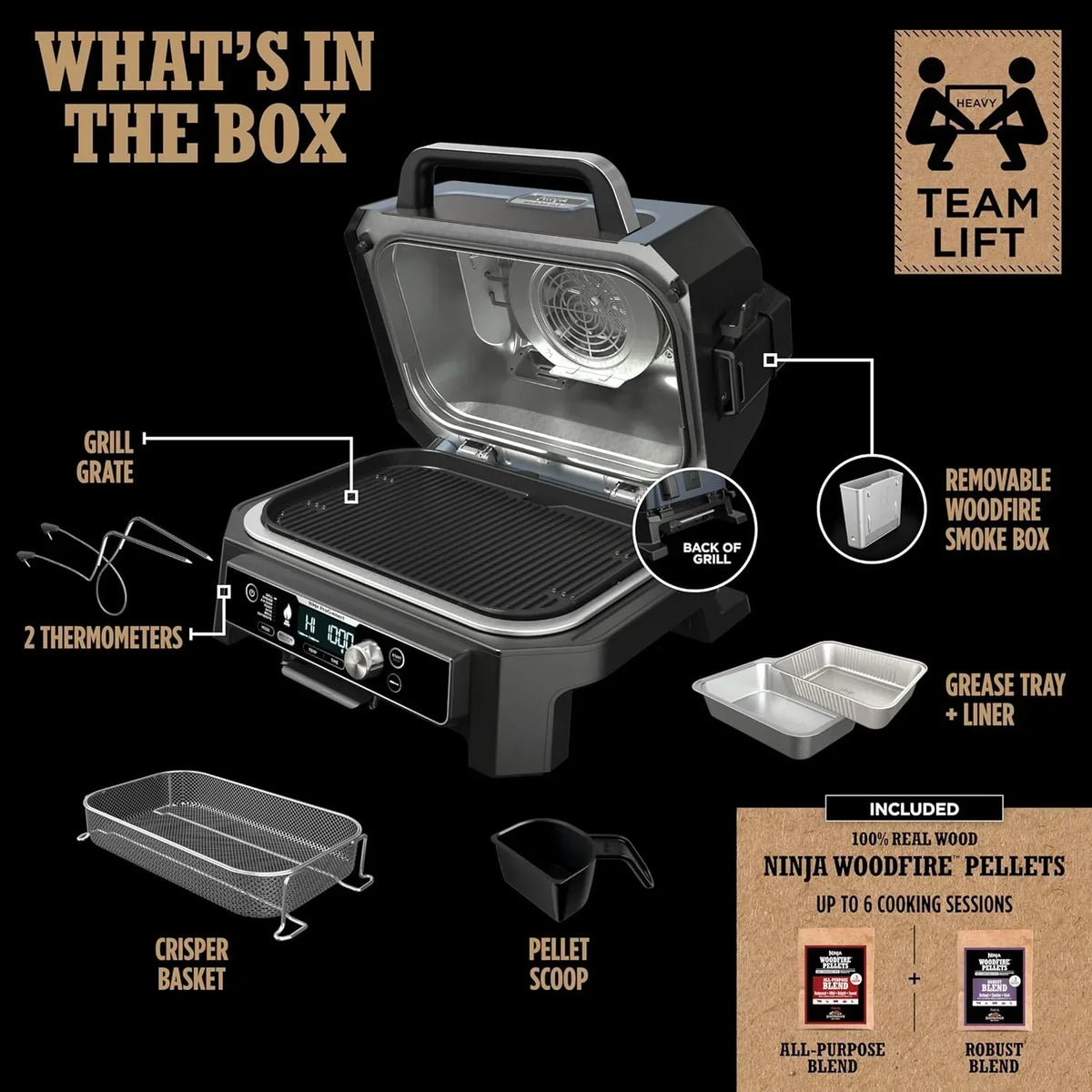 Ninja Woodfire Pro XL Grill i Wędzarnia Zewnętrzna 4 w 1 z Termometrem, Grill Master, Grill Wędzarniczy, Frytkownica Beztłuszczowa Zewnętrzna, Piekarnik, Przenośny, Elektryczny, Ciemnoszary, OG850, 2026