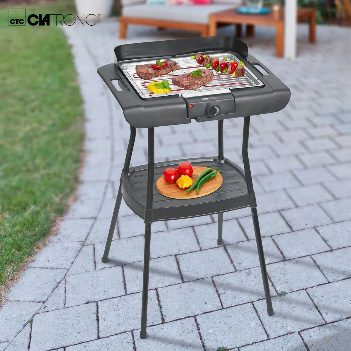 Grill Elektryczny Ze Stojakiem, Chromowany Ruszt, Regulacja Temperatury, Wewnątrz / Na Zewnątrz Czarno/srebrny 2000w Clatronic Bqs 3508