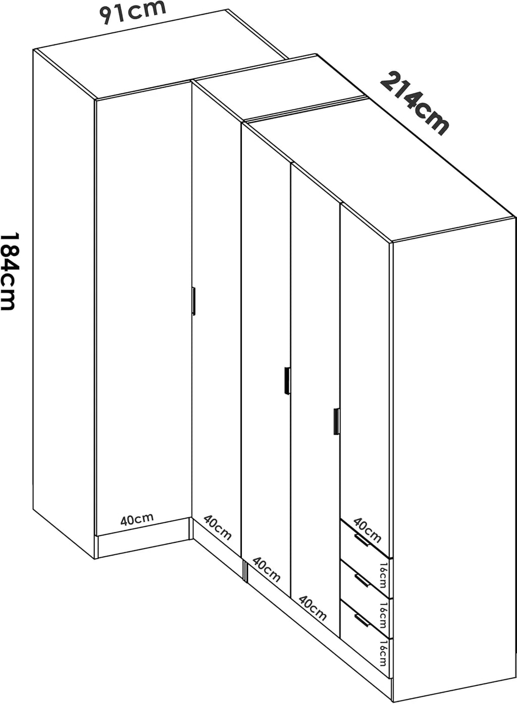 DEKIT GRUPO RIMOBEL Essen Szafa narożna z szufladami - Dąb Naturalny - 184 cm (wys.) x 91 cm (szer.) x 214 cm (gł.)