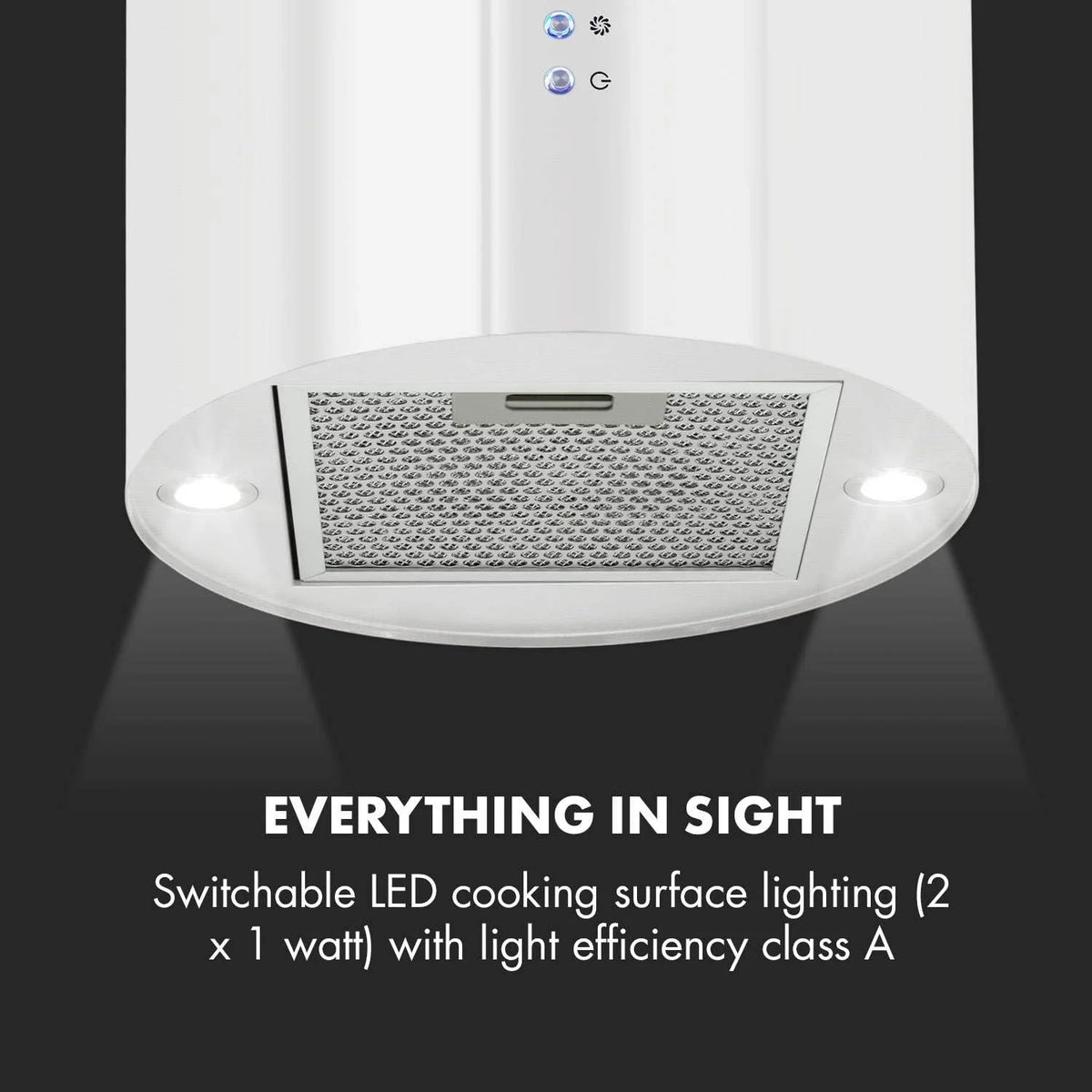 Klarstein Barett - Wyspa kuchenna, Ø 35cm, Moc 190 W, Maks. przepływ powietrza 590 m³/h, 3 stopnie mocy, EEK B, Oświetlenie LED, Stal nierdzewna szczotkowana, Biały