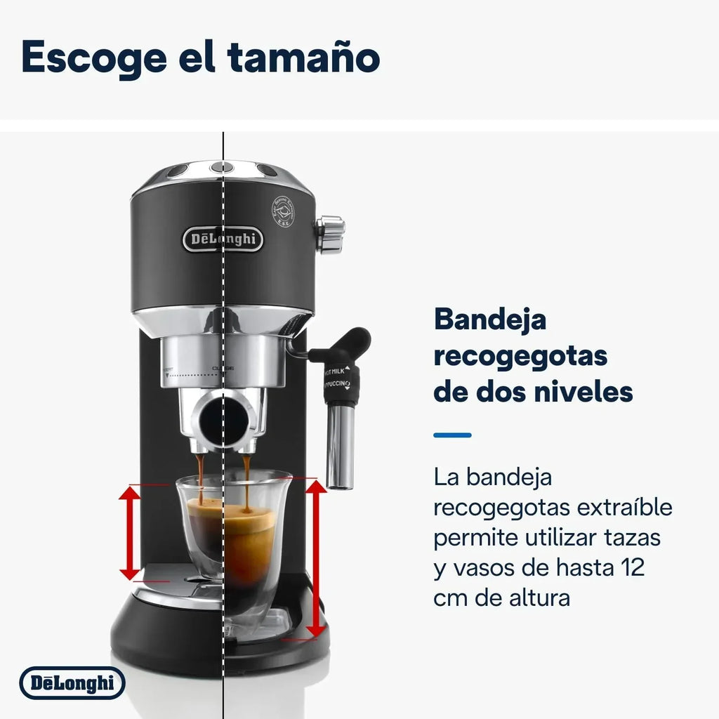 De'Longhi Dedica – Ekspres Kolbowy do Kawy Mielonej lub w Saszetkach, Espresso i Cappuccino, Zbiornik 1.3 Litra, System Anti-Drip, Model EC685.M, Kolor Metaliczny
