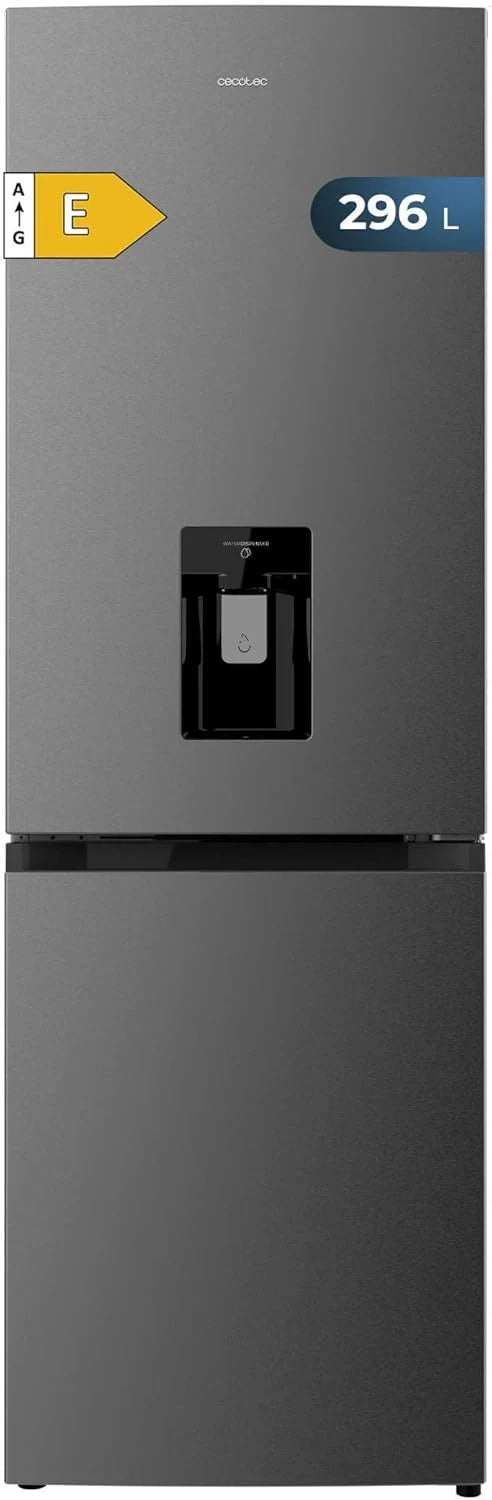 Lodówka Cecotec Combi 2 Drzwiowa z dystrybutorem wody Bolero CoolMarket Combi 296 DF WD Dark E. 296L, 60cm szerokości, funkcje FastCooling, FastFreezing i DeFrost, oświetlenie LED, Dark Inox