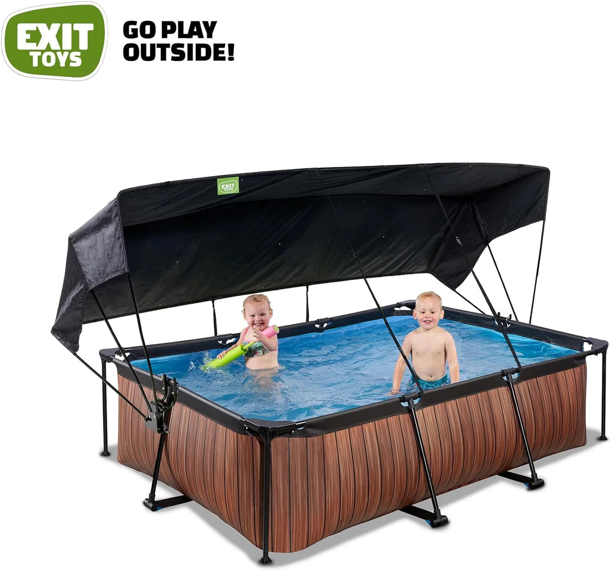 EXIT Toys Basen Drewniany z Daszkiem Przeciwsłonecznym - 220x150x65cm - Kompaktowy Basen Stelażowy Prostokątny z Pompą Kartuszową - Optymalna Ochrona UV - Łatwy Dostęp - Unikalny Design - Brązowy