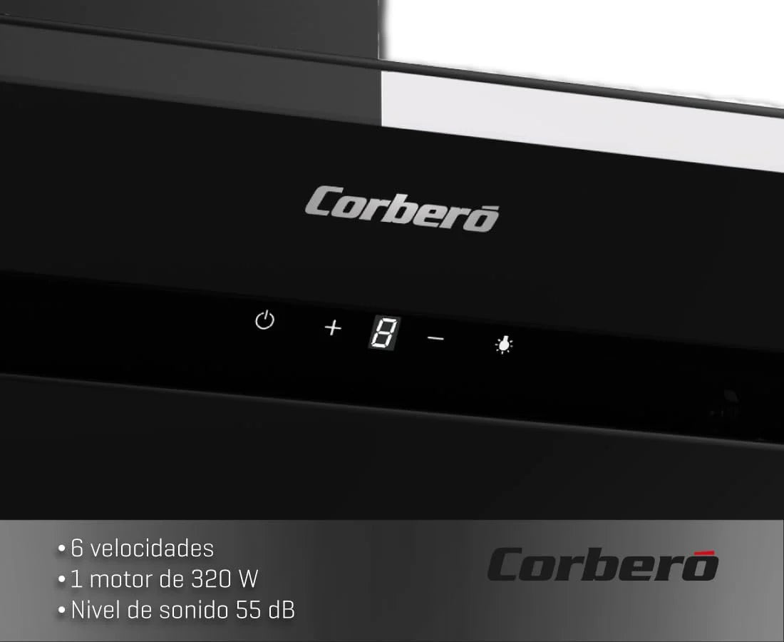 Corberó - Okap Dekoracyjny | NYASA9000B | 90 cm | 3 prędkości, sterowanie dotykowe, wydajność 1000 m3/h | Czarne szkło