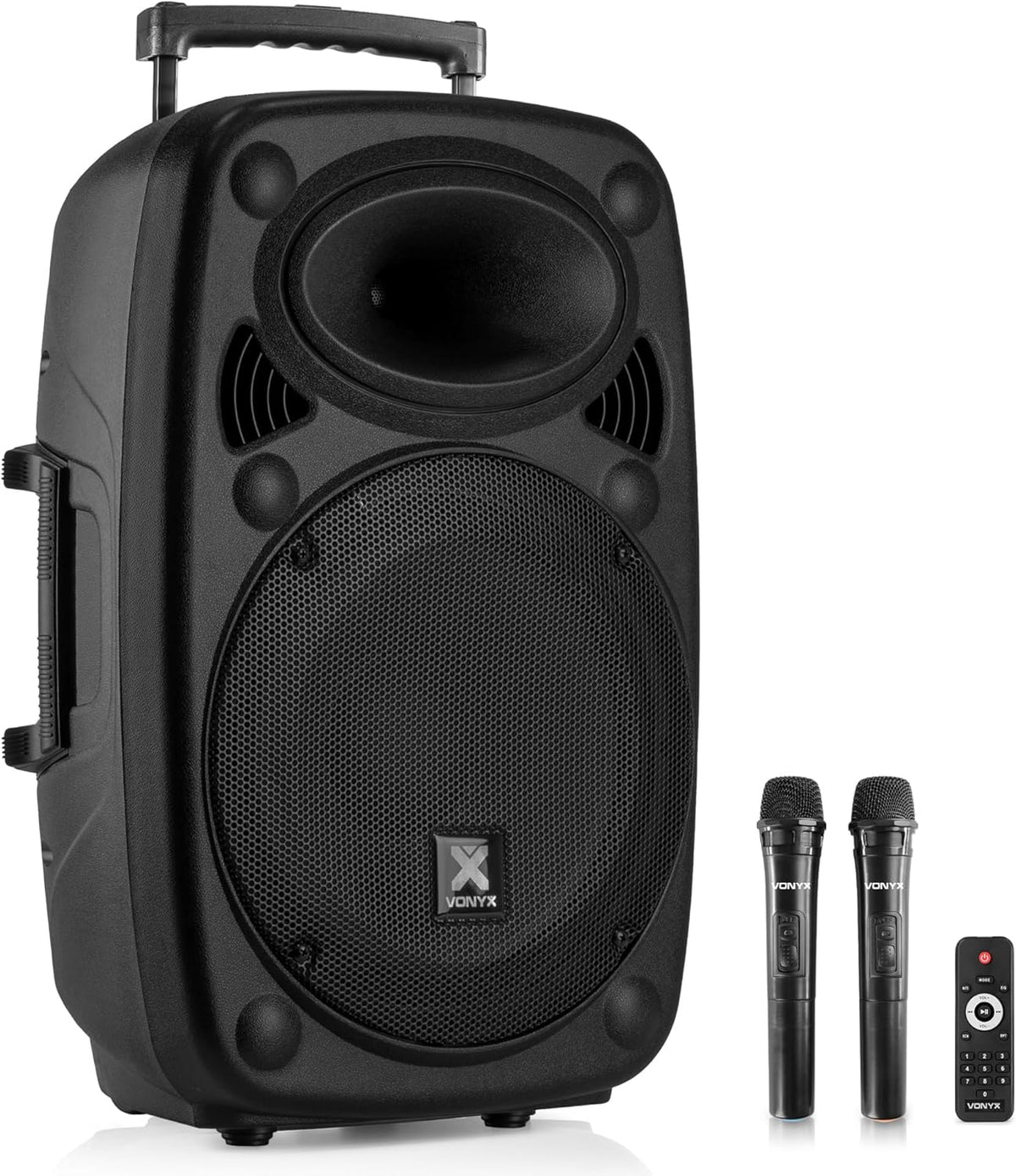 Vonyx Verve46 Mocny Głośnik Bluetooth 1000 W, Przenośny Głośnik Aktywny z Mikrofonem do Karaoke, Głośnik Bluetooth USB, SD, MP3, AUX, 2 Mikrofony UHF, Pilot, Subwoofer 15 Cali, Czarny