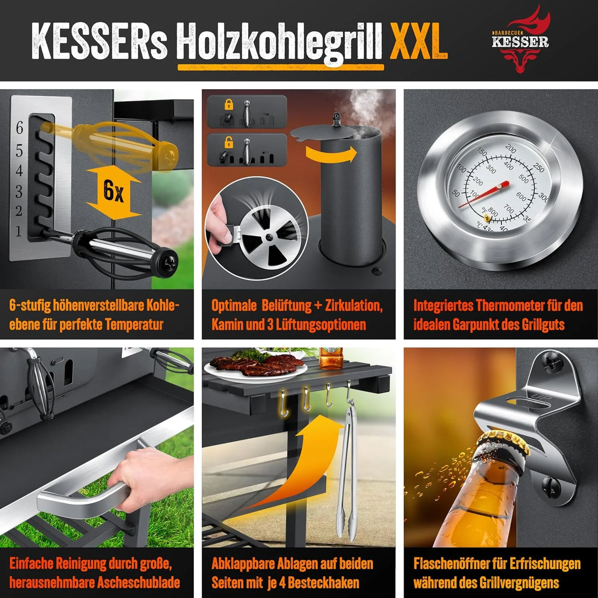 KESSER® Grill węglowy z wózkiem, grillem z pokrywką, kółkami, uchwytem ze stali nierdzewnej | Duży grill węglowy z termometrem BBQ, na kemping, taras, do ogrodu XXL Szary