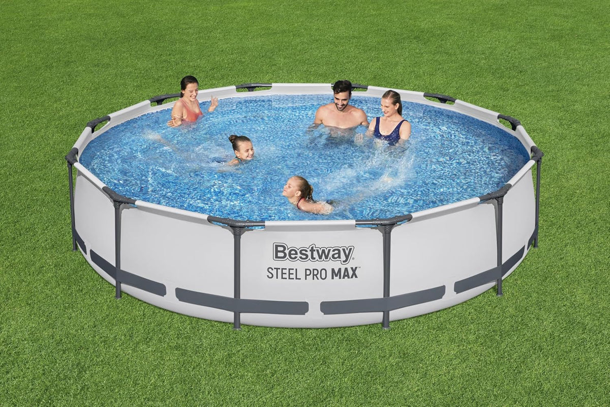 Bestway Steel Pro MAX Frame – Basen stelażowy z pompą filtrującą, średnica 366 x 76 cm, jasnoszary, okrągły