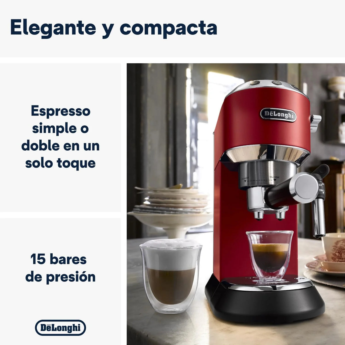 De'Longhi Dedica – Ekspres Kolbowy do Kawy Mielonej lub w Saszetkach, Espresso i Cappuccino, Zbiornik 1.3 Litra, System Anti-Drip, Model EC685.M, Kolor Metaliczny