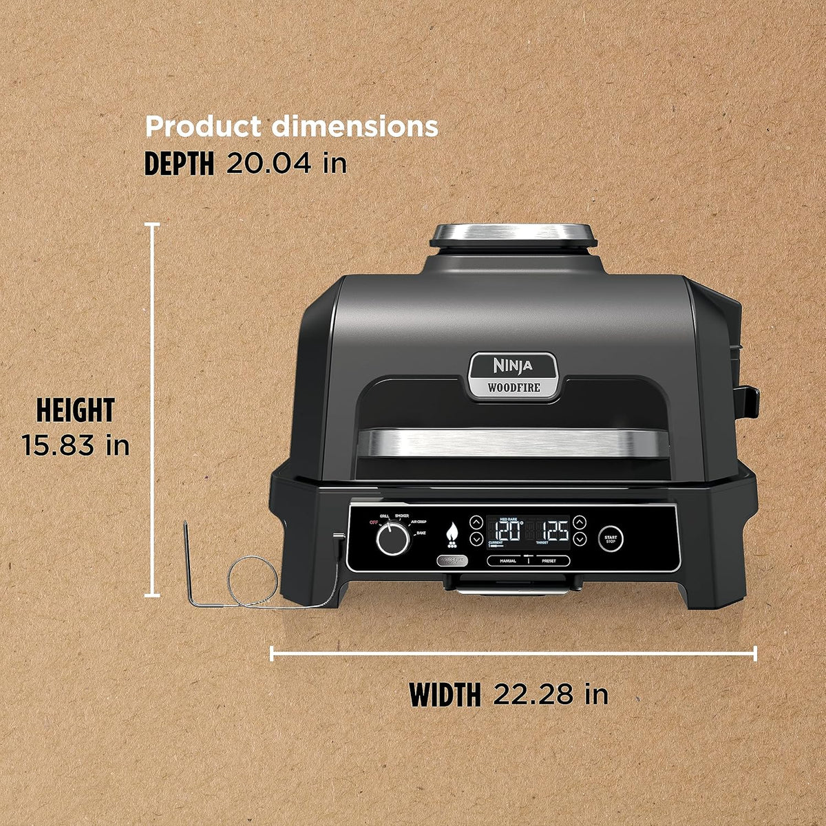 Ninja Woodfire Pro XL 4 w 1, grill i wędzarnia ogrodowa, termometr, główny grill 4 w 1, grill wędzarniczy, zewnętrzna frytkownica powietrzna, piekarnik, przenośny, grill elektryczny, ciemnoszary, model OG850