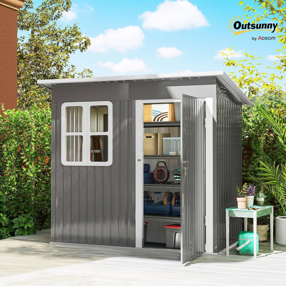 Outsunny Zewnętrzny Domek Ogrodowy, 2,55 m² 221x133x190 cm, Metalowa Szopa Ogrodowa z Oknem, Zamykanymi Drzwiami i Wentylacją, do Przechowywania Narzędzi, Ciemnoszary