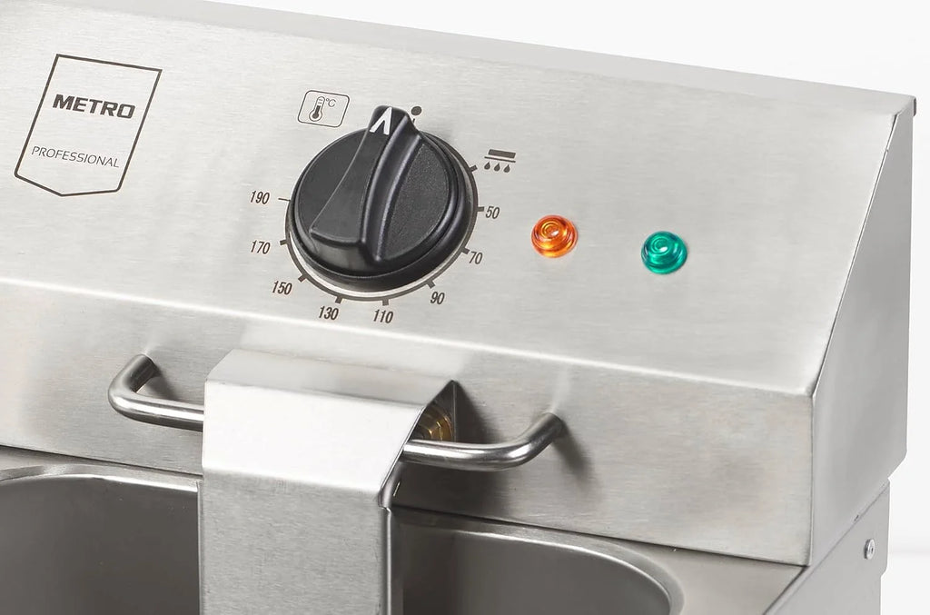 METRO Professional Frytkownica podwójna GDF5028, stal nierdzewna SS304, 2x 8 L, z kranem, regulatorem temperatury, strefą zimną, srebrna
