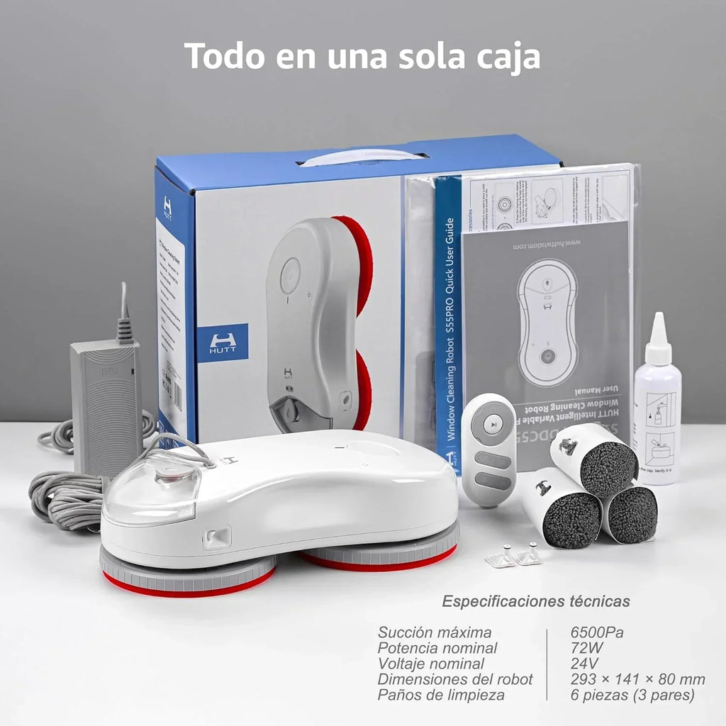 Robot do mycia okien HUTT S55 Pro z unoszącymi się nakładkami 3D, siłą ssania do 6500 Pa, spryskiwaniem HydroJet, nawigacją Slam 4.0, zbiornikiem 80 ml, wielowarstwowym systemem bezpieczeństwa