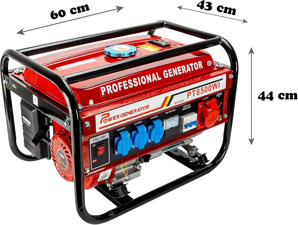 Agregat prądotwórczy benzynowy | W zestawie akcesoria | Cichy generator prądu | 5 gniazd: 3 x 230 V / 1 x 400 V / 1 x 12 V | 6,5 KM