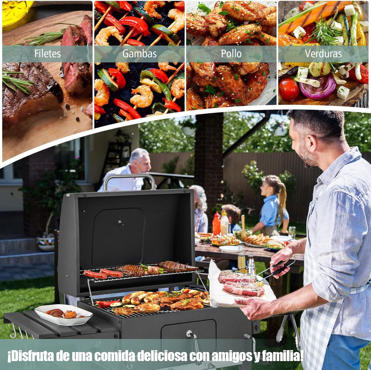 COSTWAY Grill Węglowy XXL, Przenośny Grill Ogrodowy 128 x 54 x 117 cm, z Pokrywą, Termometrem, 2 Składanymi Stolikami Bocznymi, 8 Haczykami, 2 Kółkami i Otwieraczem do Butelek