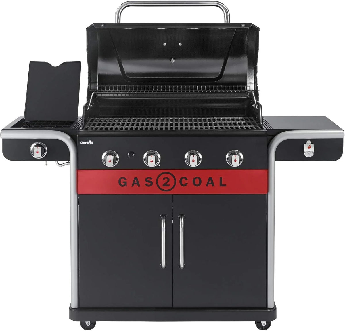 Char-Broil Grill Gazowy Gas2Coal 2.0 440 - 4-palnikowy grill hybrydowy z 2 opatentowanymi tackami na węgiel, 2 dużymi drzwiami - Idealny do gotowania na zewnątrz, do ogrodu i na patio