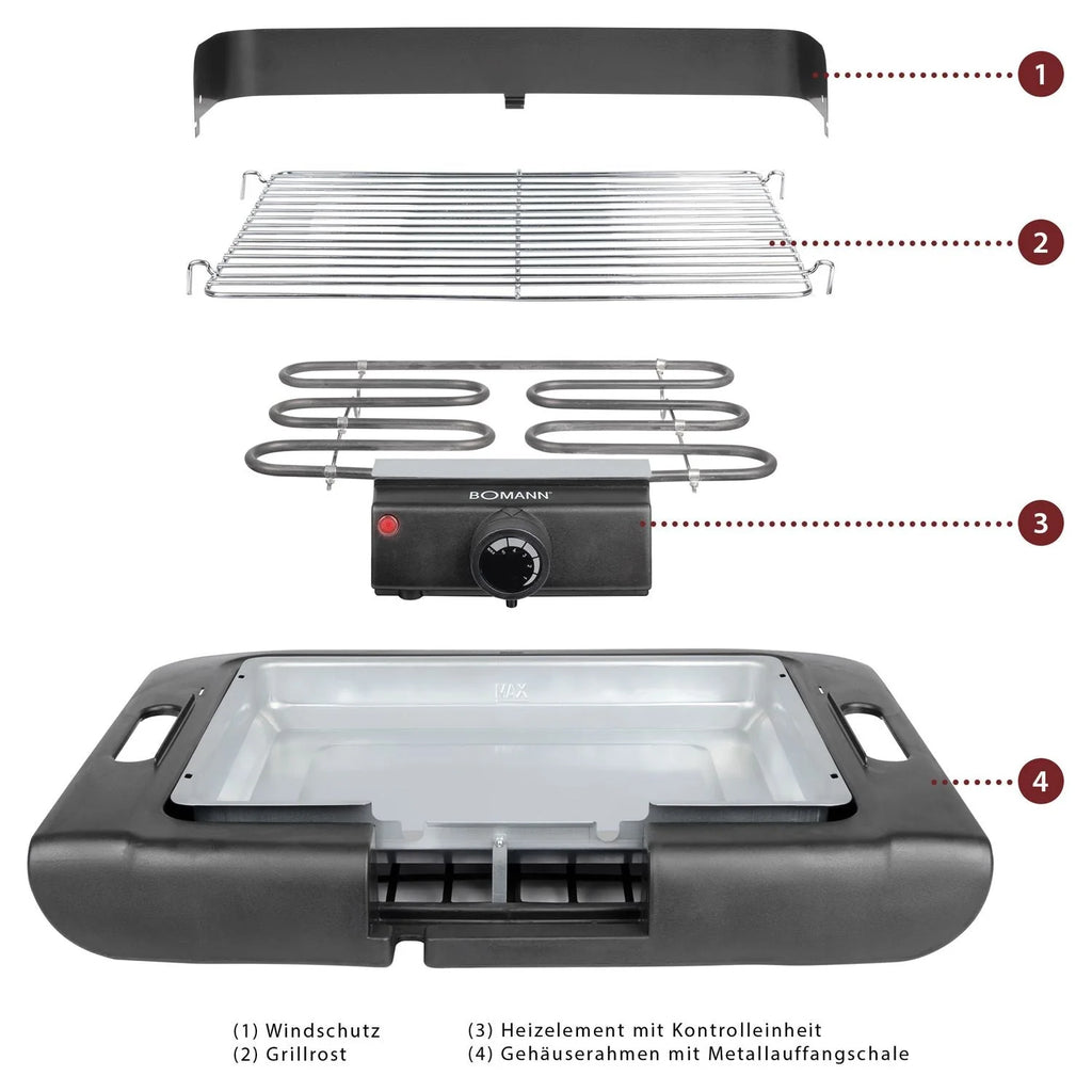 Grill elektryczny, chromowany ruszt 36 x 25 cm, termostat, osłona przeciwwiatrowa, tacka ociekowa, czarny, 2000 W Bomann BQ 2243 CB