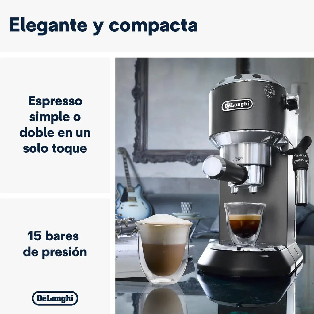 De'Longhi Dedica – Ekspres Kolbowy do Kawy Mielonej lub w Saszetkach, Espresso i Cappuccino, Zbiornik 1.3 Litra, System Anti-Drip, Model EC685.M, Kolor Metaliczny