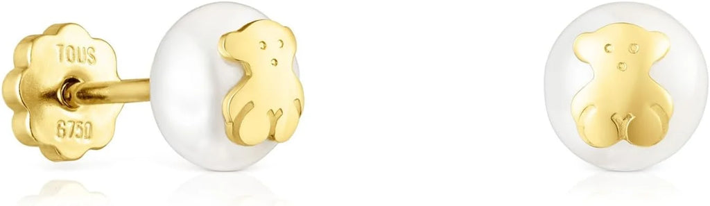 TOUS Kolczyki niemowlęce z 18-karatowego złota z perłą hodowlaną 0,6 cm i motywem 0,45 cm, z zapięciem na sztyft, eleganckie i ponadczasowe, kolekcja Icon Pearl