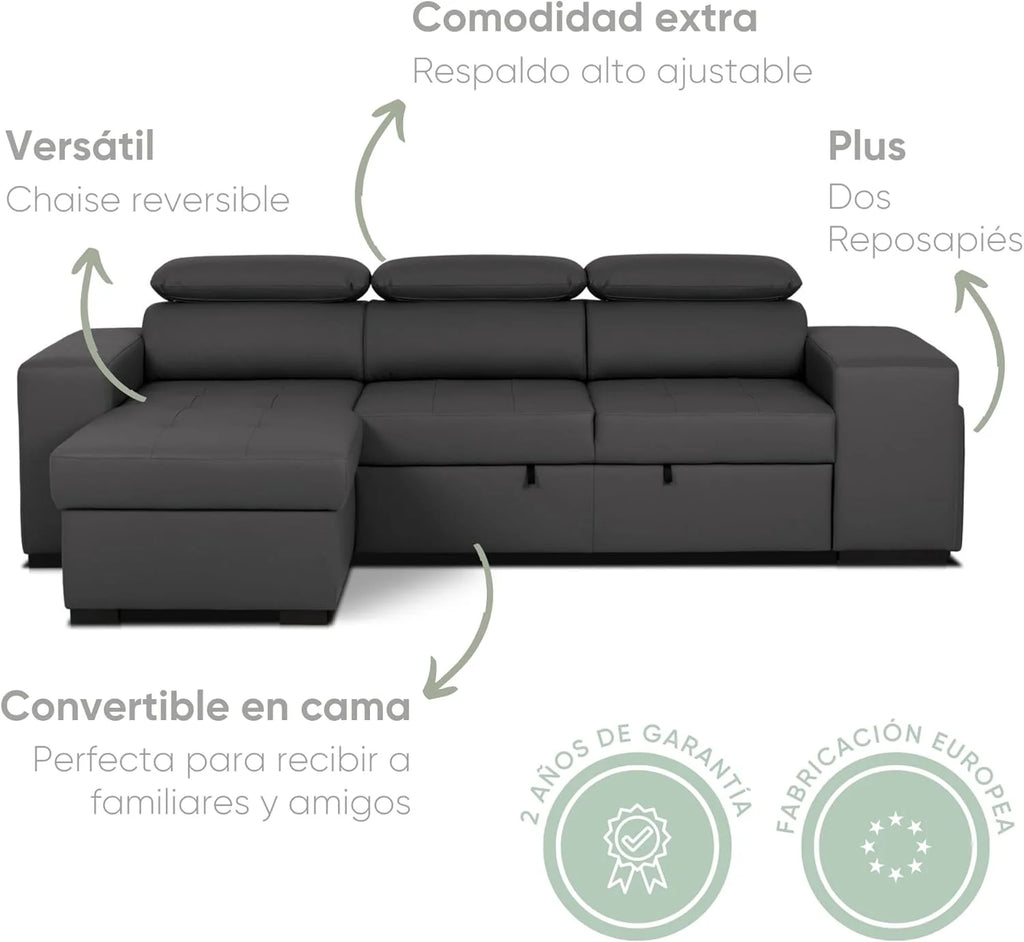 BUDWING John Narożna Sofa Rozkładana 4-osobowa - Odwracalny Szezlong, Regulowany Zagłówek i 2 Pufy – Tapicerka Poliuretanowa – Styl Nowoczesny – 263x161x96 cm – Czarna