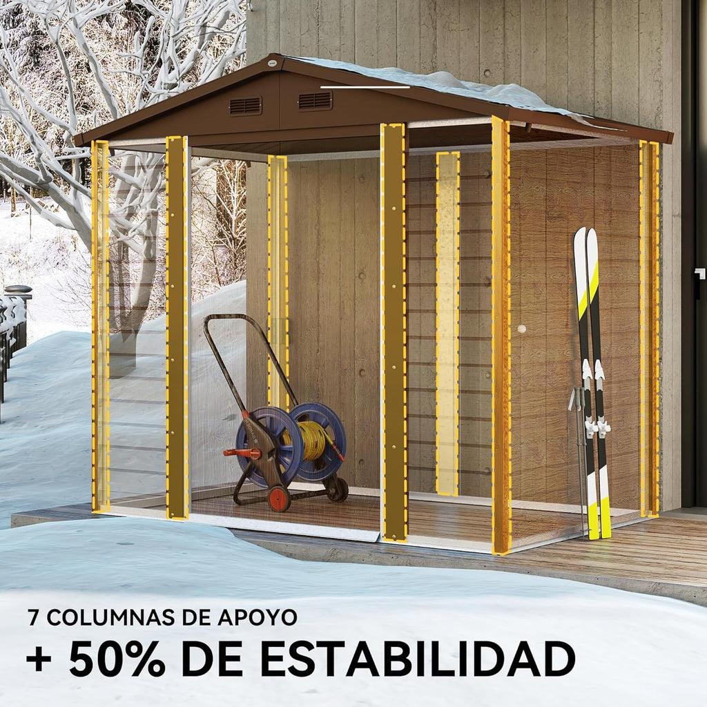 Outsunny Domek Ogrodowy Zewnętrzny 3 m² 235,7x152x208,7 cm Metalowa Szopa Ogrodowa Z 2 Drzwiami Przesuwnymi I 4 Oknami Do Przechowywania Narzędzi Efekt Naturalnego Drewna i Kawy