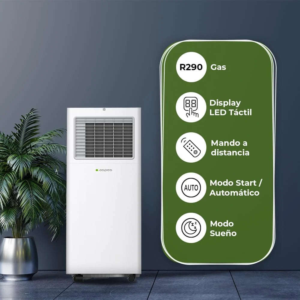 Przenośny klimatyzator Aspes, 9000 BTU. AAAP900F. Tylko chłodzenie, dotykowy wyświetlacz LED, timer, pilot, zestaw do montażu okiennego w zestawie, klasa energetyczna A