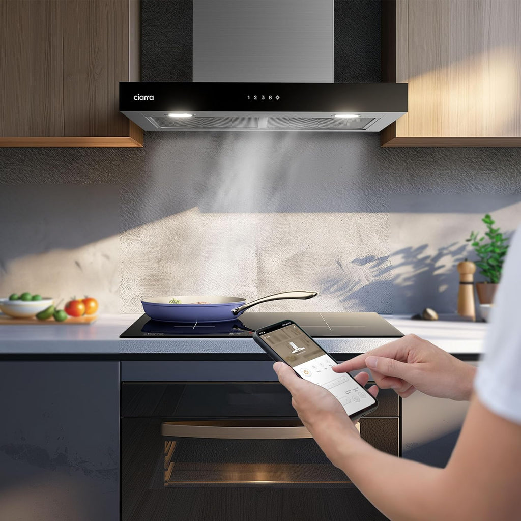 Ciarra CBCS6102 Okap Kuchenny 60cm 650 m³/h - Sterowanie Dotykowe i Wi-Fi - 4 Prędkości - Odsysanie Zewnętrzne i Recyrkulacja Wewnętrzna przez Filtr Węglowy CBCF003 - Stal Nierdzewna