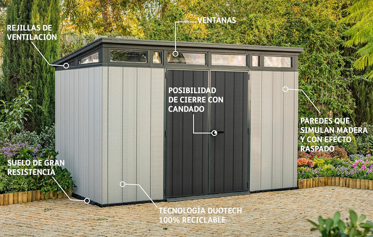 Keter Artisan Domek ogrodowy 11 x 7 cm, odporny na warunki atmosferyczne, z podłogą, spadzistym dachem, podwójnymi drzwiami i oknami, idealny do przechowywania na zewnątrz, 342 x 218 x 226 cm, 13,7 m³,