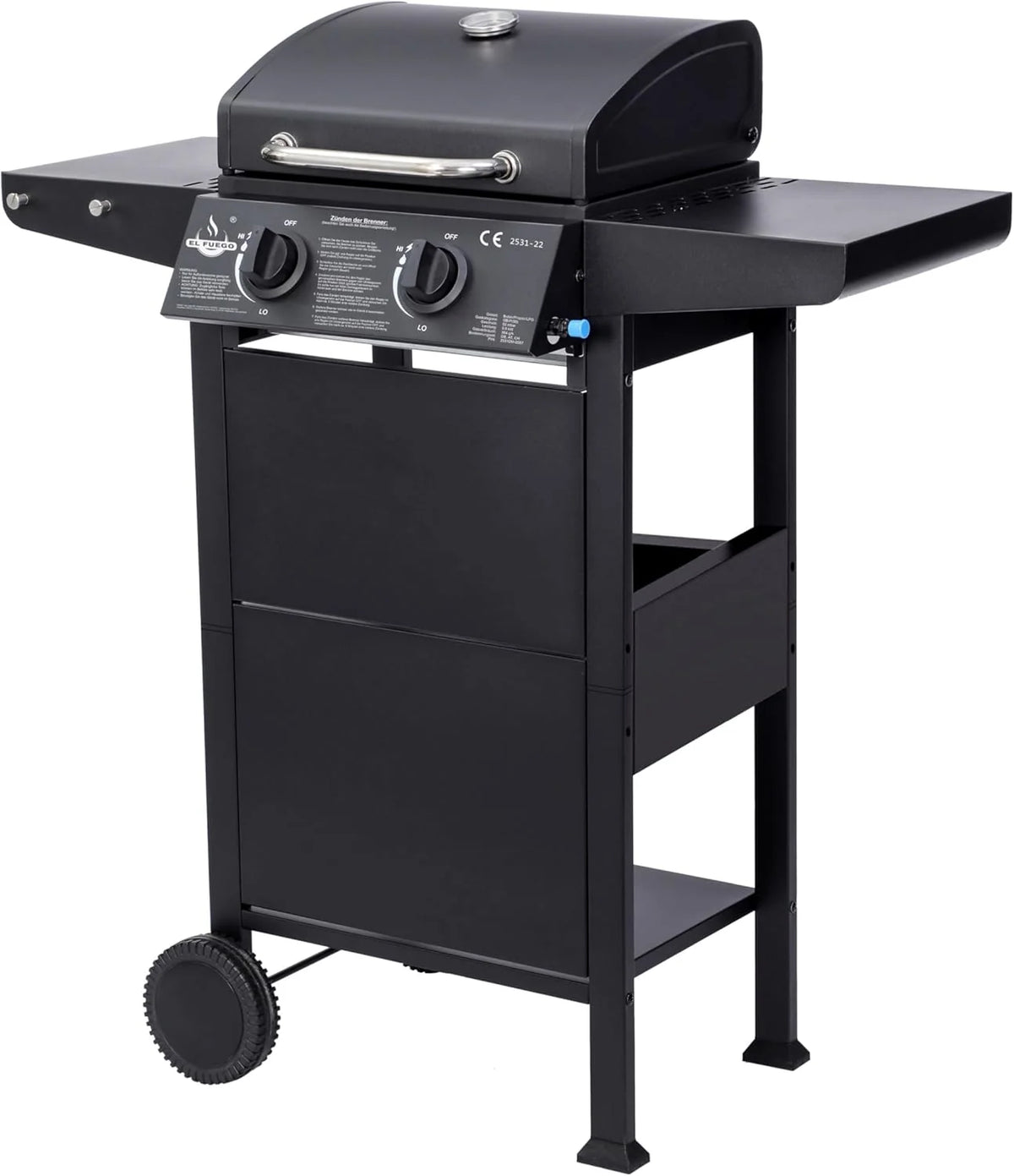 Grill gazowy El Fuego® „San Jose 2 palniki” z wężem gazowym i reduktorem ciśnienia, ruszt żeliwny, z termometrem i dużymi półkami bocznymi, grill BBQ | AY0204
