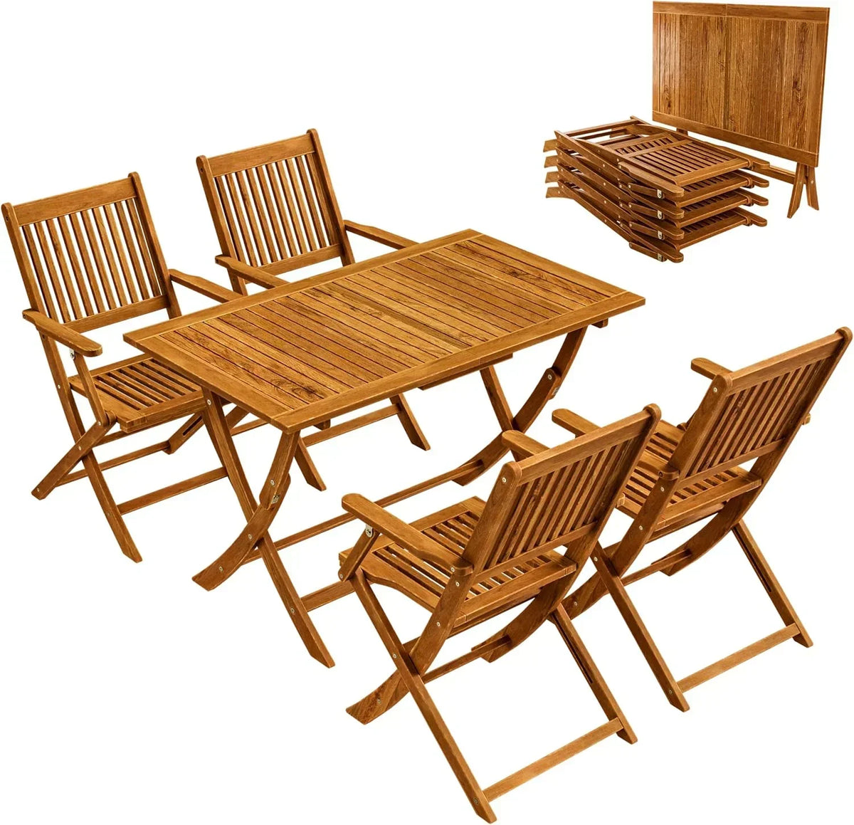 CASARIA® FSC® Zestaw Ogrodowy Stół 4 Krzesła Drewno Akacjowe Jadalnia Patio Taras Balkon Zestaw 5-częściowy Składany Stół Siedziska Podłokietniki Trwały Odporny na Warunki Atmosferyczne 120 x 70 cm