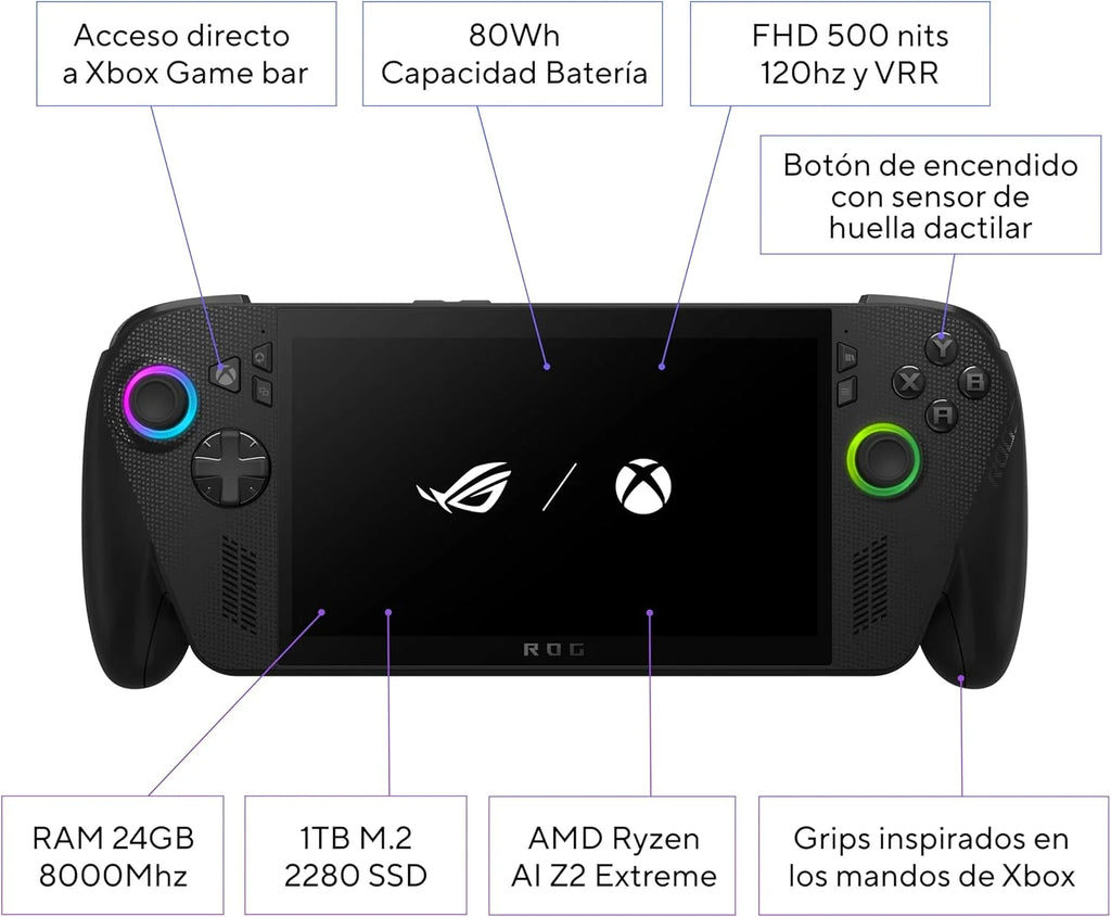ASUS ROG Ally X - Konsola przenośna do gier 7" Full HD 120Hz (AMD Ryzen AI Z2 Extreme, 24GB RAM, 1TB SSD, Bateria 80Wh, Windows 11, Otrzymaj 3 miesiące darmowego Game Pass Premium) - Kolor Czarny