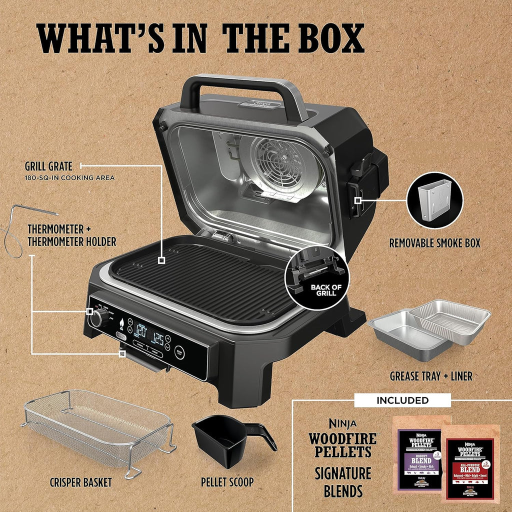 Ninja Woodfire Pro XL Grill i Wędzarnia Zewnętrzna, termometr, master grill 4 w 1, grill wędzarniczy, zewnętrzna frytownica powietrzna, piekarnik, przenośny, grill elektryczny, ciemnoszary, model OG850, 2026