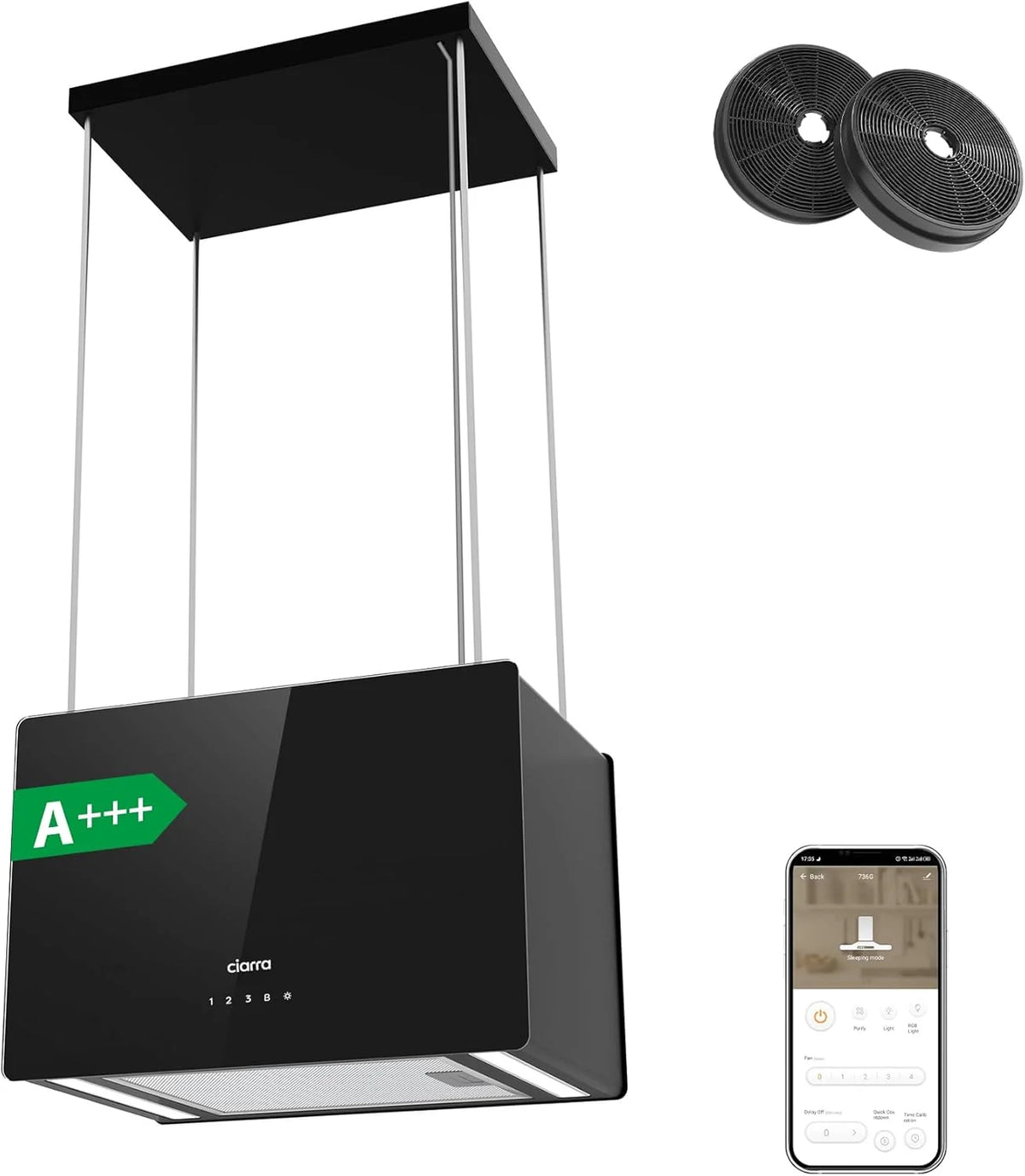 CIARRA CBCB4850 Okap Wyspowy Bezprzewodowy Klasa A+++ 48cm 700m³/h WiFi i Sterowanie Dotykowe Filtr Węglowy w Zestawie 4 Prędkości 2 Lampy LED Czarny