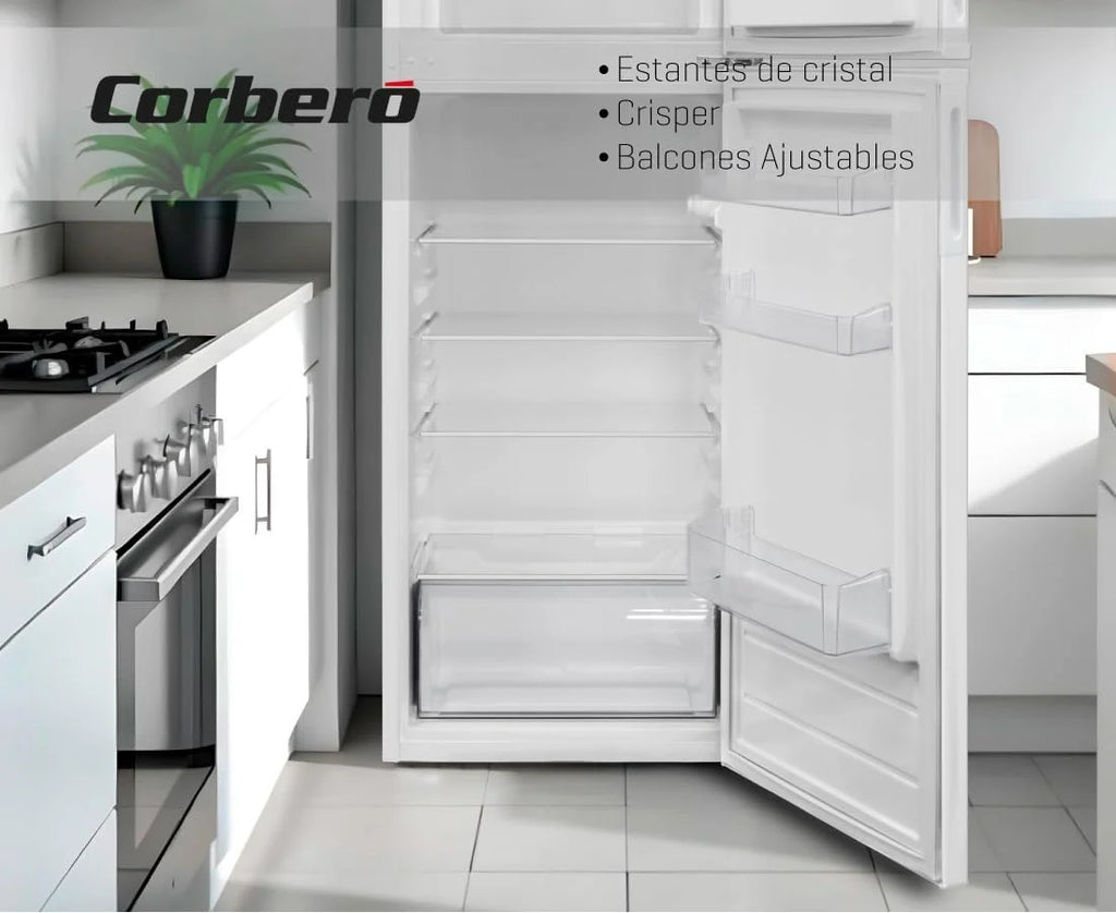 Corberó - Lodówka 2-drzwiowa | CF2PV21324W | 57x54x145 | Pojemność 212L | Oświetlenie wewnętrzne, pojemnik na warzywa, regulowane balkoniki, ręczne rozmrażanie, szklane półki, pojemnik na jajka, pojemniki na lód | Biała