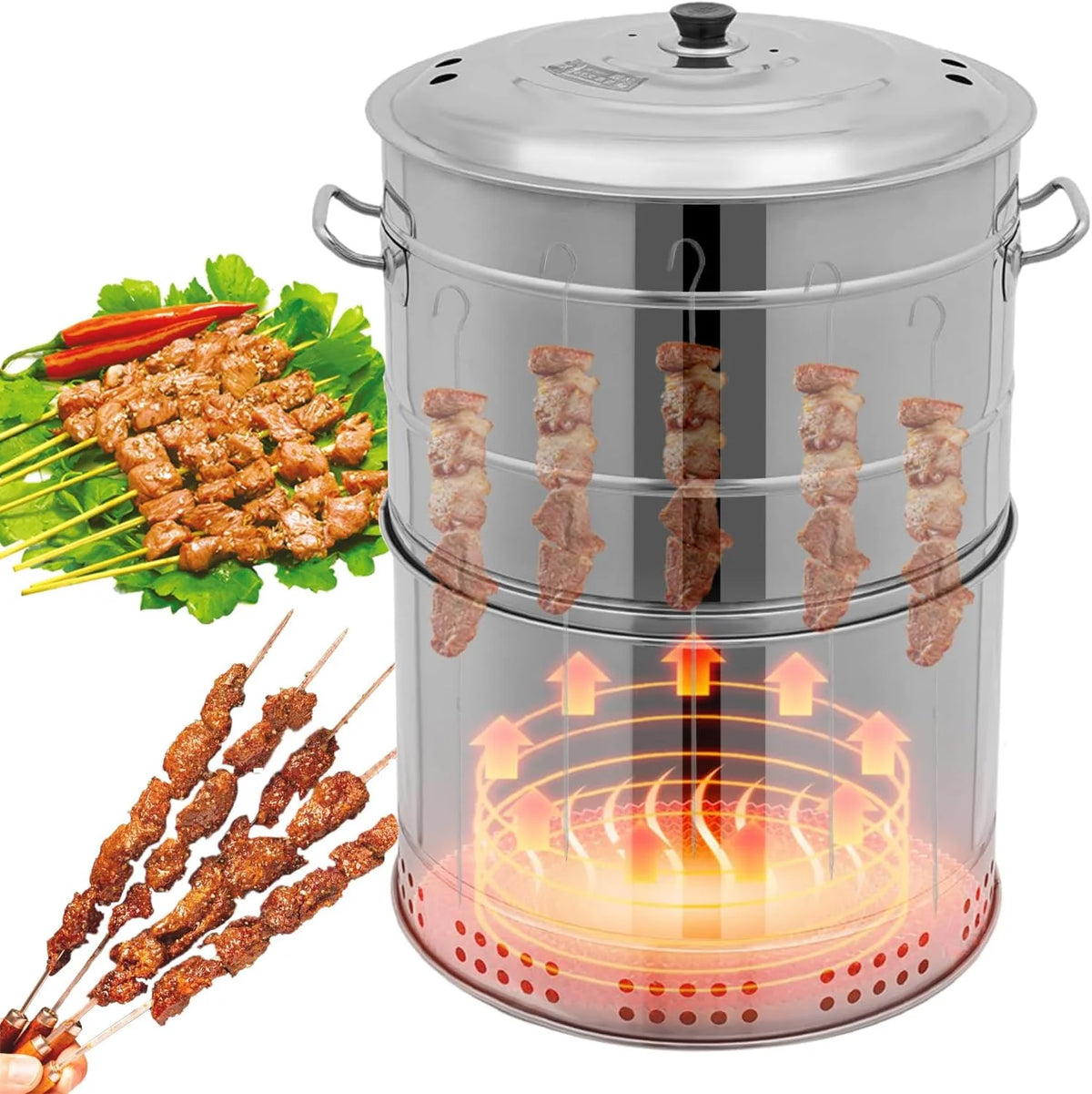 Duże przenośne grille węglowe, grill węglowy ze stali nierdzewnej w kształcie beczki, 360° bezdymny grill zewnętrzny z 50 szpikulcami, wędzarnia do grillowania, gotowania na świeżym powietrzu i podróży