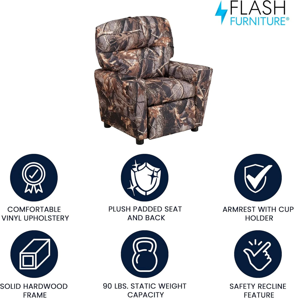 Flash Furniture Contemporary Kids Recliner with Cup Holder, Wood, Beige Vinyl, 26" x 21" x 21"