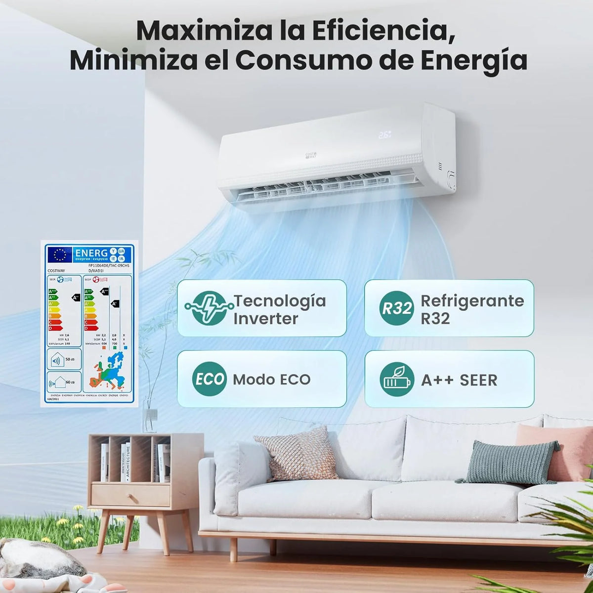 COSTWAY Klimatyzator Split, 2,6 kW, Klimatyzator z Funkcją Grzania z Pompą Ciepła, Czynnik Chłodniczy: R32, Ogrzewanie i Chłodzenie z Zestawem Instalacyjnym do Pomieszczeń do 70m³ (9000BTU)