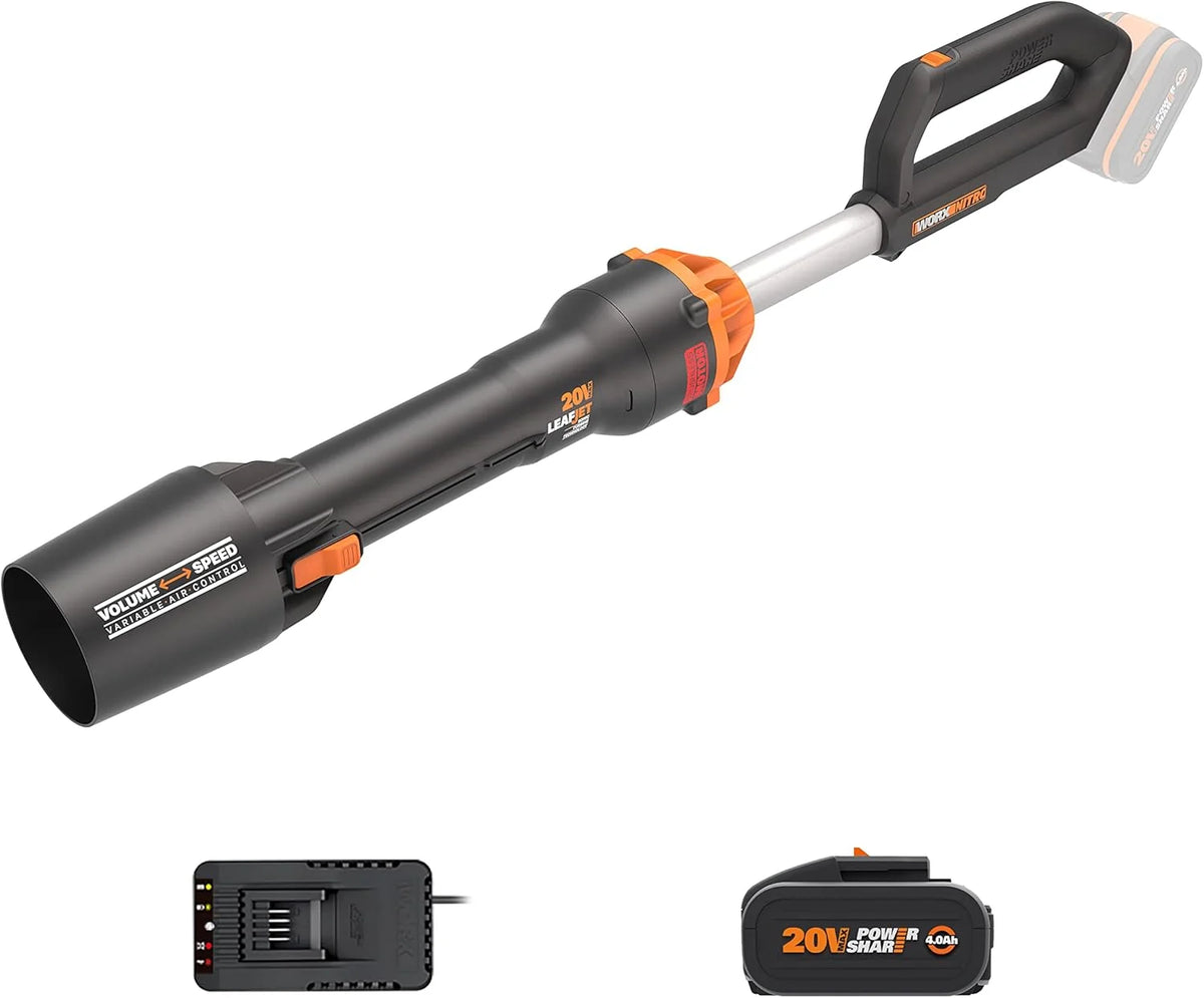 WORX WG543E Dmuchawa do Liści 20V-4Ah Nitro, superlekka 1,7 kg, Silnik bezszczotkowy, 209 km/h, turbina o dużej objętości i prędkości, do czyszczenia ogrodów, ścieżek i działek, zawiera akumulator i ładowarkę