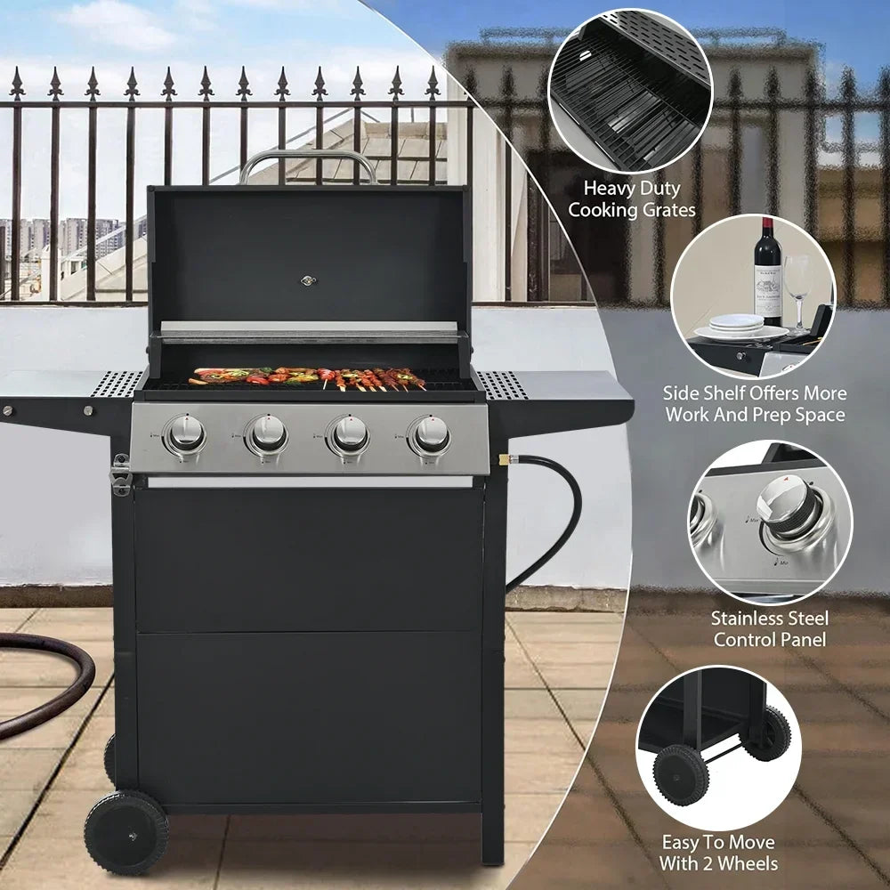 2026 Grill gazowy SEGMART 4-palnikowy ze stali nierdzewnej – 34 200 BTU, grill do ogrodu/na patio z dwoma składanymi półkami i termometrem, idealny na kemping i do gotowania na świeżym powietrzu