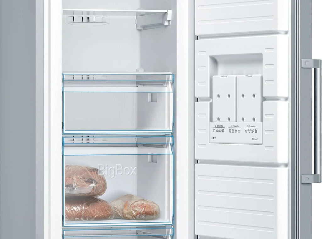 Bosch - Zamrażarka pionowa NoFrost, Seria 4, wys. 186 x szer. 60 cm, 242 L, szuflady BigBox na duże produkty, system MultiAirflow, stal szlachetna, GSN29VIEP