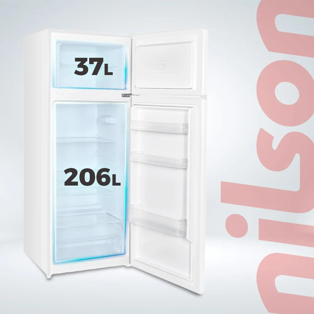 Lodówka NILSON 2 drzwiowa biała NF145500E. Pojemność 206 litrów, Drzwi odwracalne, Niski poziom hałasu, Klasa efektywności energetycznej E