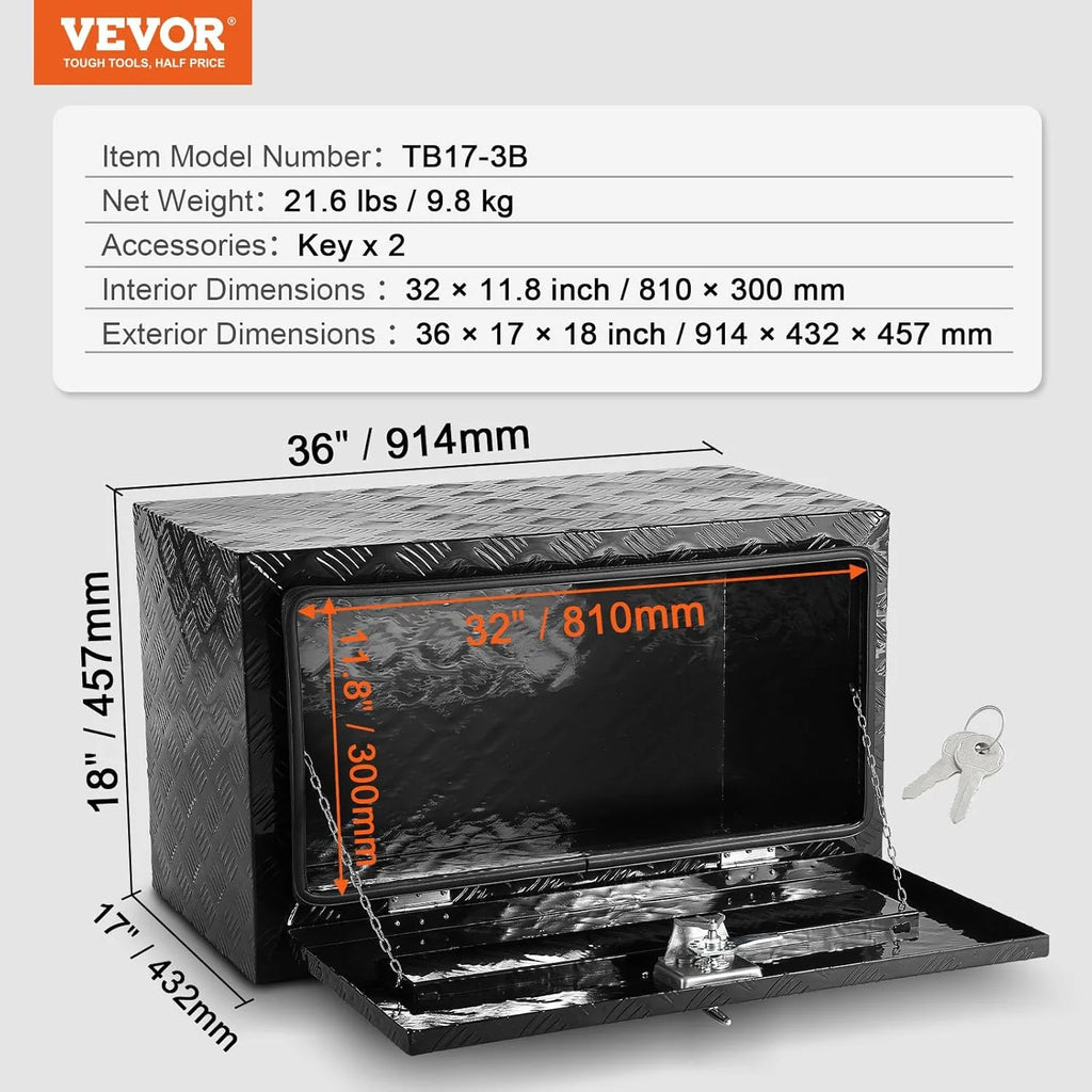 VEVOR Skrzynka Narzędziowa do Samochodu Ciężarowego 914x432x457mm Podramowa Skrzynka Schowek ze Stopu Aluminium Montaż Podwozia z Zamkiem i Kluczami do Przyczep, Samochodów Dostawczych, Czarna