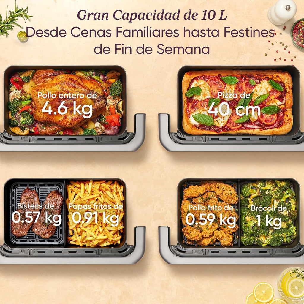 Cosori Frytkownica Beztłuszczowa Dual Blaze TwinFry 10 l – Prawdziwy Metal – Podwójna Grzałka 2800 W (35-240°C) – Rozdzielacz Stref Dużego Podwójnego Kosza – 6 Funkcji – Smart WiFi – Maks. 10 Osób – Łatwa w Czyszczeniu