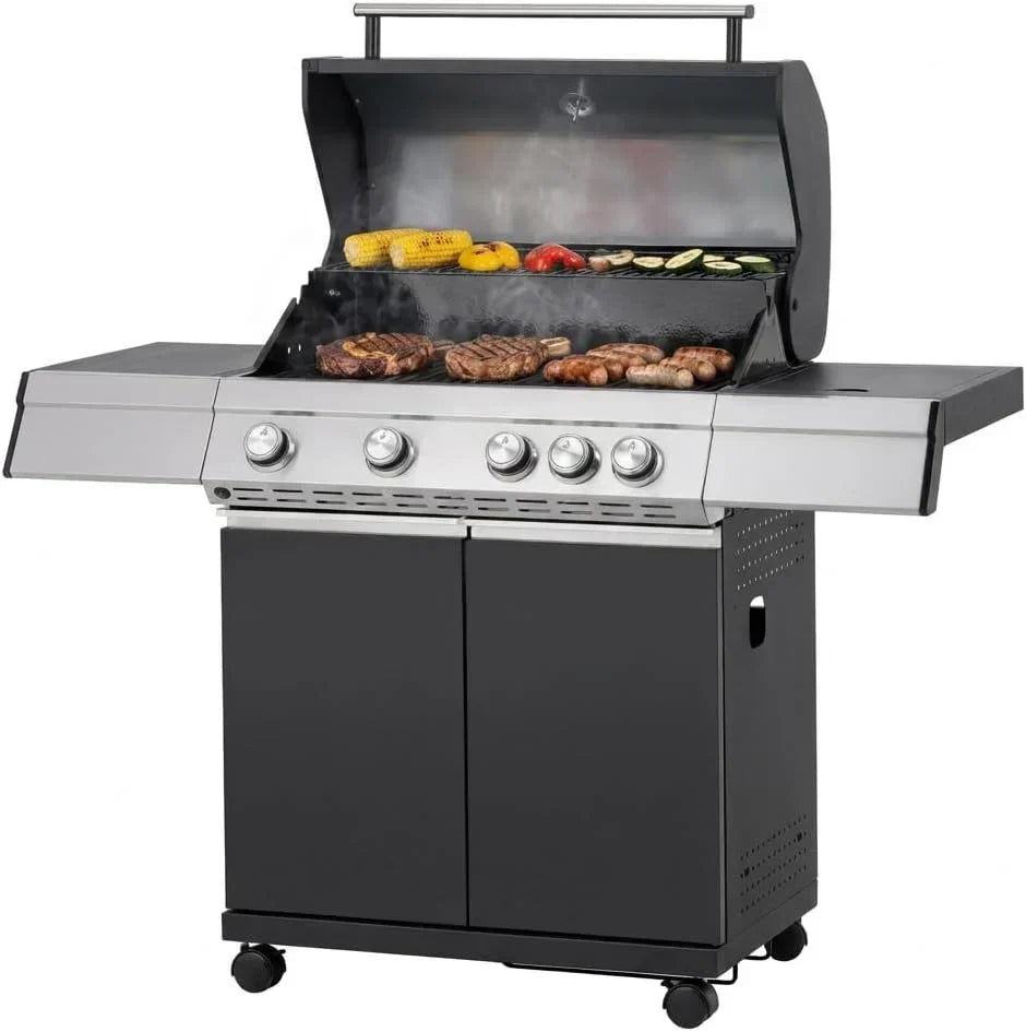Tarrington House Paxton grill gazowy 4 + 1 palnik, stal/stal nierdzewna, pokrywa z termometrem, stolik boczny, kółka, czarny