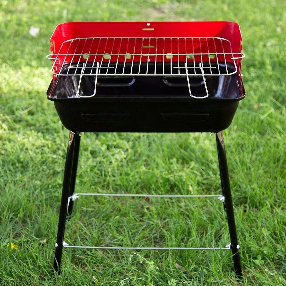 Przenośny Grill Węglowy Z Osłoną Przeciwwiatrową I Rusztem Z Regulacją Wysokości 42x42x54 Cm - Stal. Czarny I Czerwony