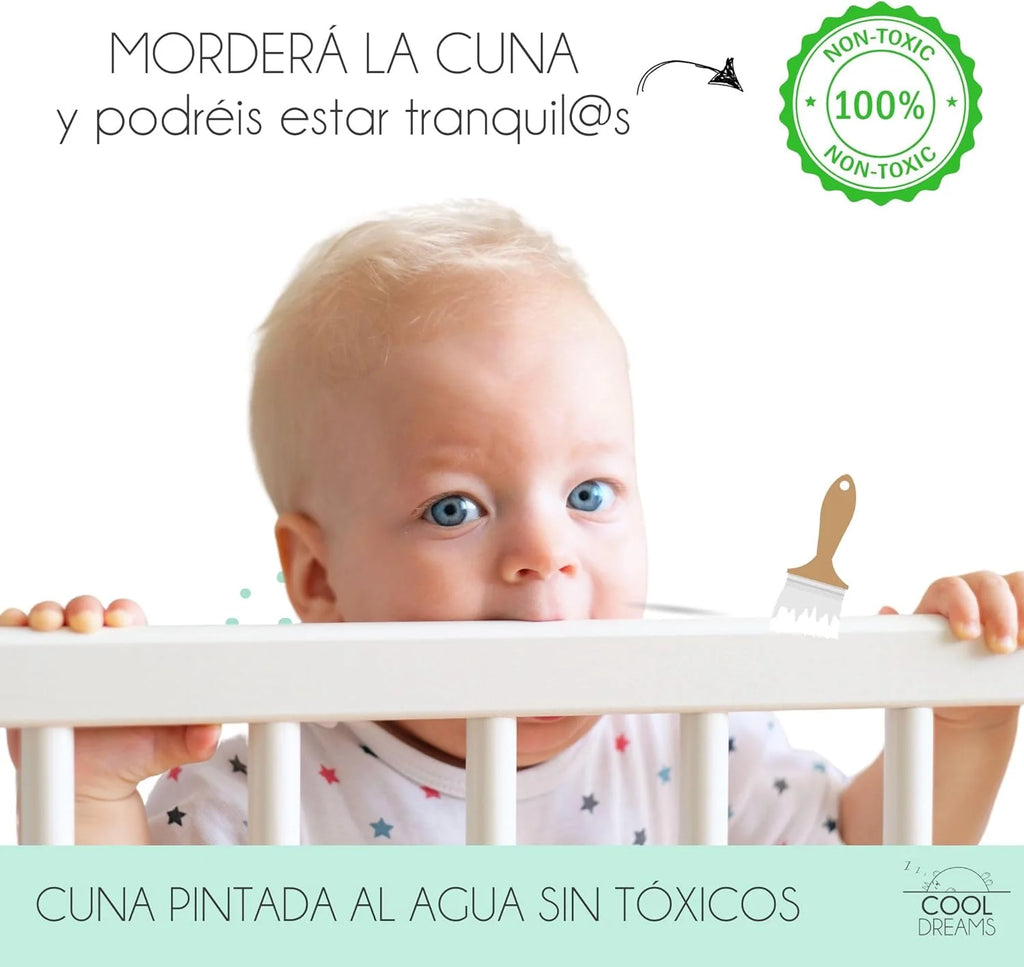 Cuna Colecho dla niemowląt, Zestaw do łączenia łóżeczka z łóżkiem, Materac HR Morfeo z certyfikatem Oeko-Tex® i CertiPUR, 4 kółka, Prześcieradło z gumką i poszwa na kołdrę z naturalnej bawełny. Indi CoolDreams CoolDreams