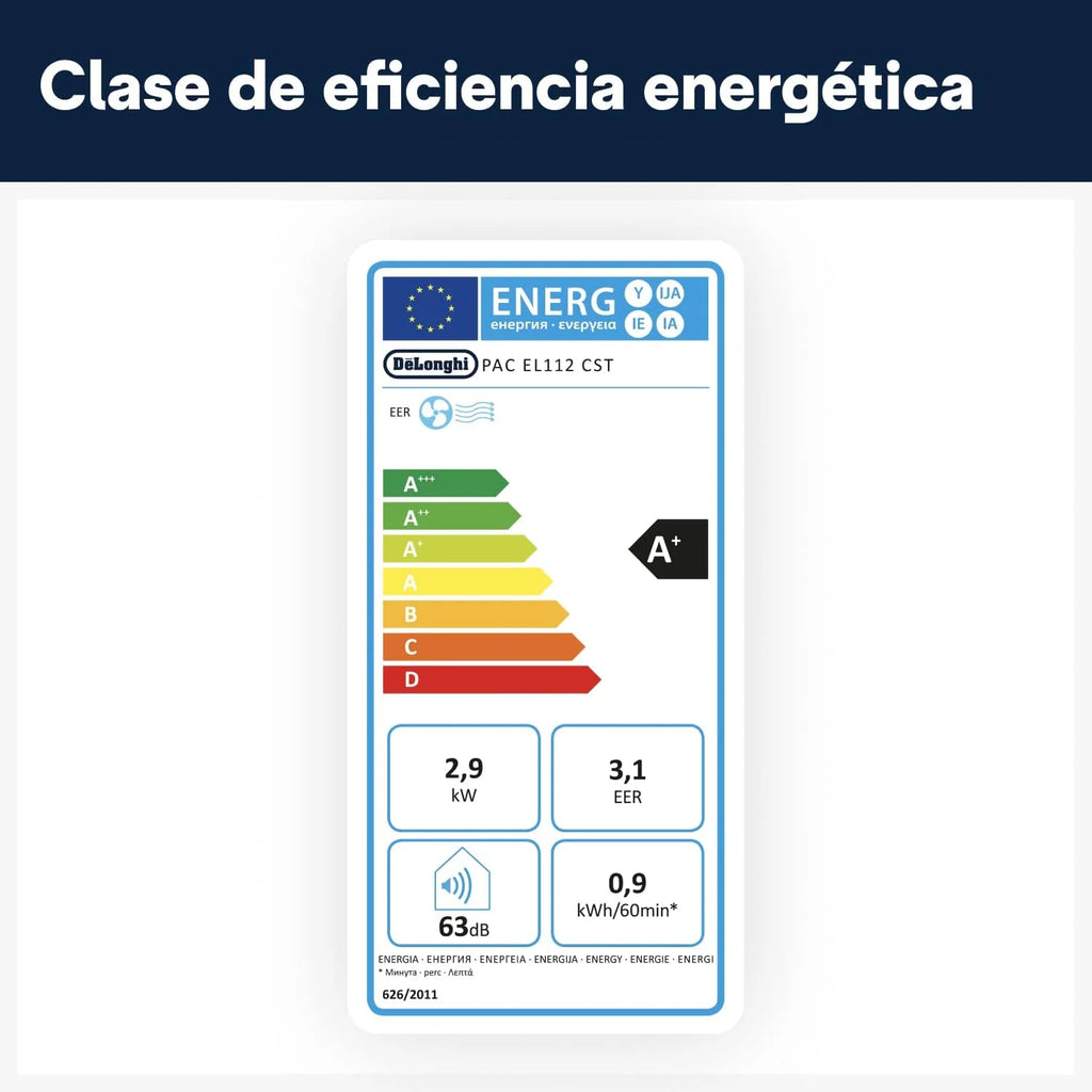 Pingüino PACEL112 Silent, cichy przenośny klimatyzator z technologią Eco Real Feel i Cool Surround, funkcja osuszania, 2.9 kW, 63 dB, plastik, czarny, klasa A, do 110m3