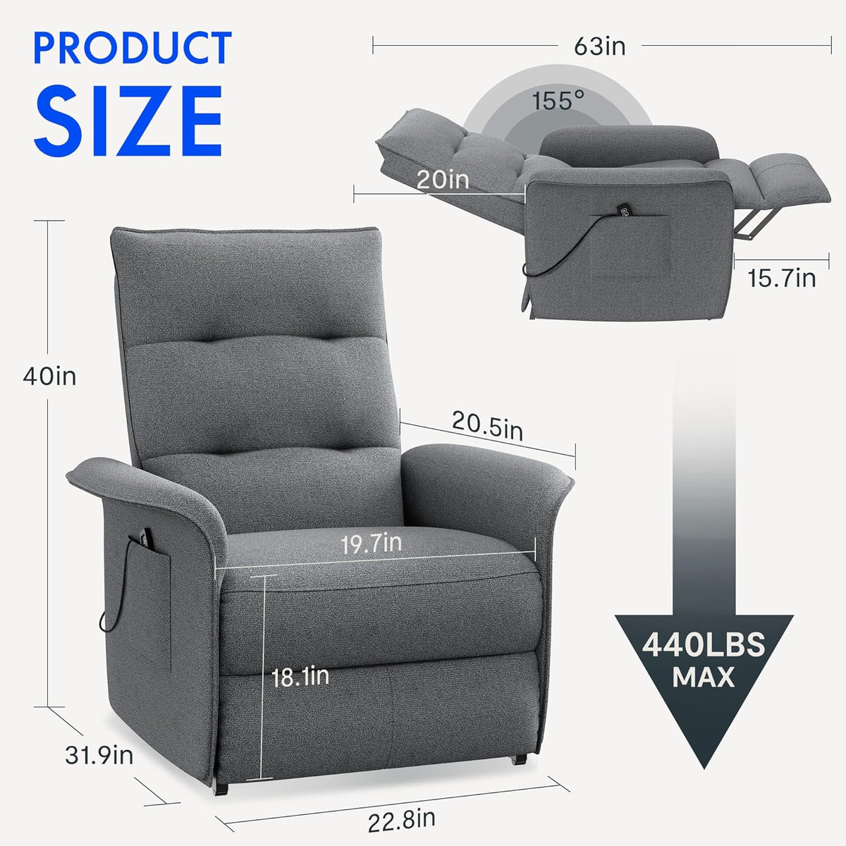 FLEXISPOT Elektryczny Fotel Relaksacyjny z Regulowanym Oparciem, Odchylany od 105° do 155°, Fotel Rozkładany, Ergonomiczna Sofa Relaksacyjna do Sypialni, Salonu i Kina Domowego (Ciemnoszary)