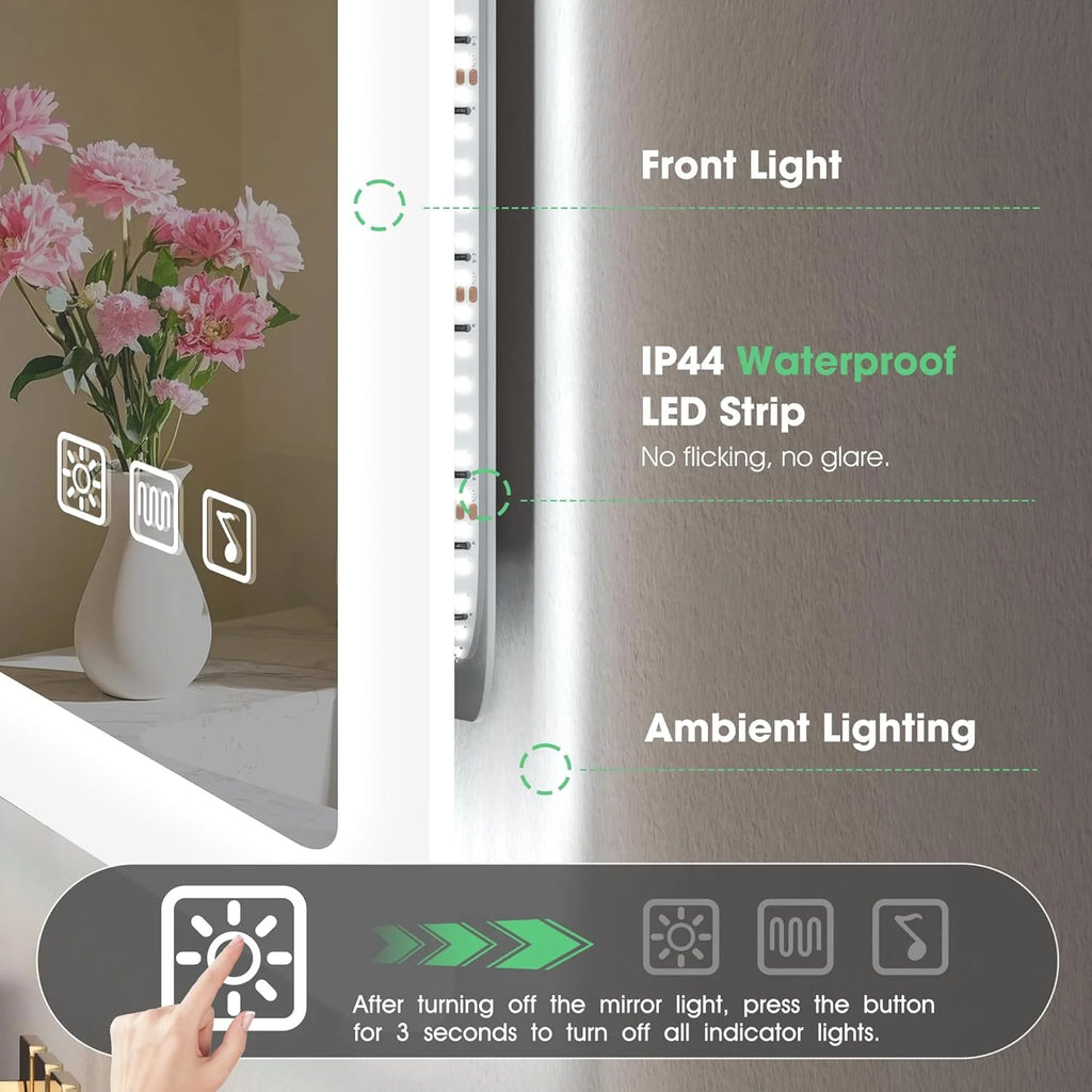 S'bagno Lustro łazienkowe z podświetleniem 100x70cm, Lustro łazienkowe LED Bluetooth, Antypara, 3 kolory, Możliwość ściemniania, Pamięć, Szkło hartowane HD, Wodoodporne IP44, Pionowo/Poziomo