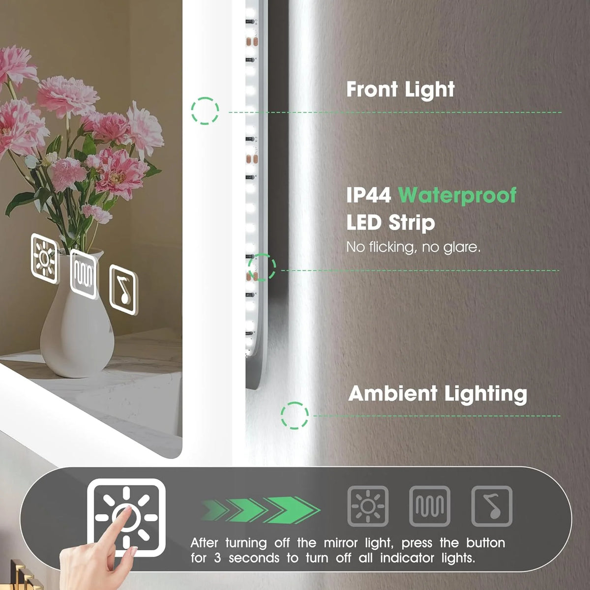S'bagno Lustro łazienkowe z podświetleniem 100x70cm, Lustro łazienkowe LED Bluetooth, Antypara, 3 kolory, Możliwość ściemniania, Pamięć, Szkło hartowane HD, Wodoodporne IP44, Pionowo/Poziomo