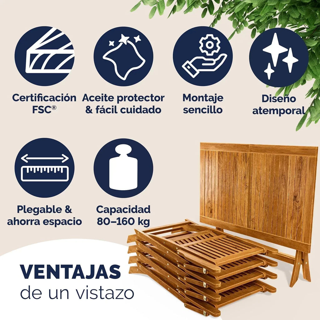 CASARIA® FSC® Zestaw Ogrodowy Stół 4 Krzesła Drewno Akacjowe Jadalnia Patio Taras Balkon Zestaw 5-częściowy Składany Stół Siedziska Podłokietniki Trwały Odporny na Warunki Atmosferyczne 120 x 70 cm